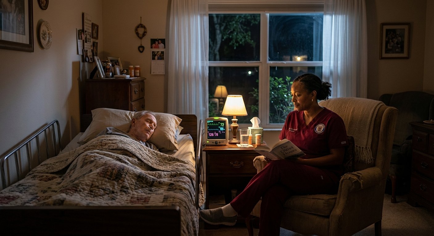 Night-shift home health aide watching over sleeping elderly patient in Florida bedroom