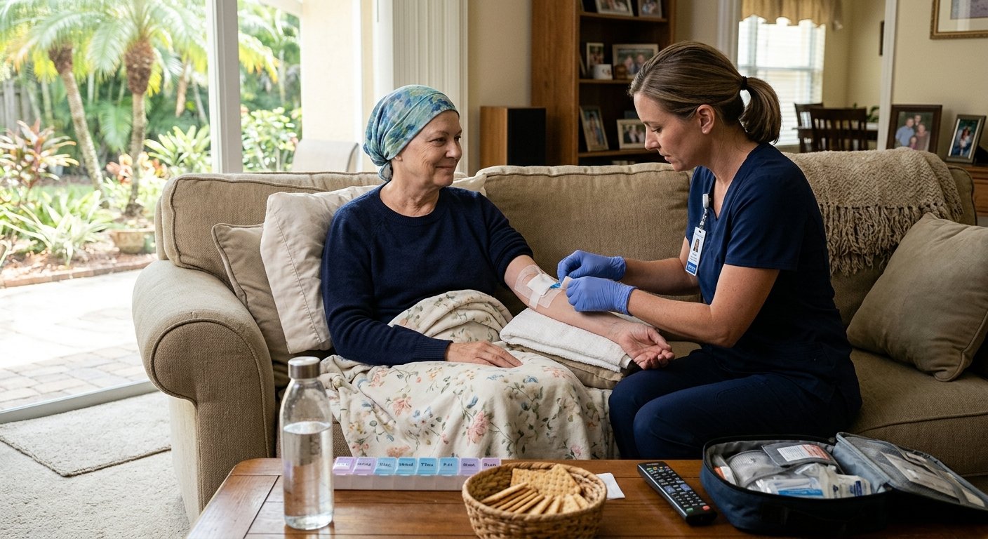 Nurse checking PICC line on cancer patient recovering after chemotherapy