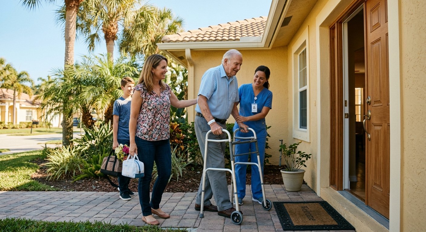 Family and home health aide helping elderly father arrive home from hospital