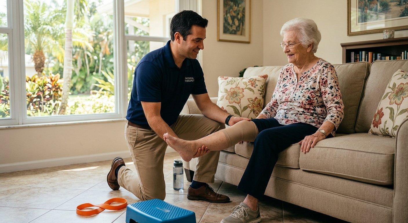 Physical therapist helping patient with knee replacement recovery exercises at home