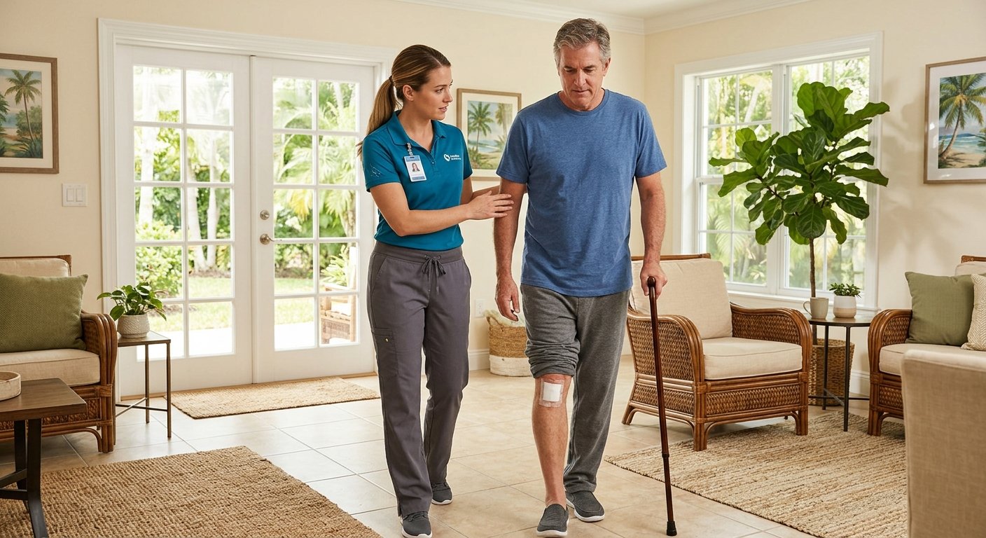 Physical therapist helping patient walk with cane after knee surgery in Florida home