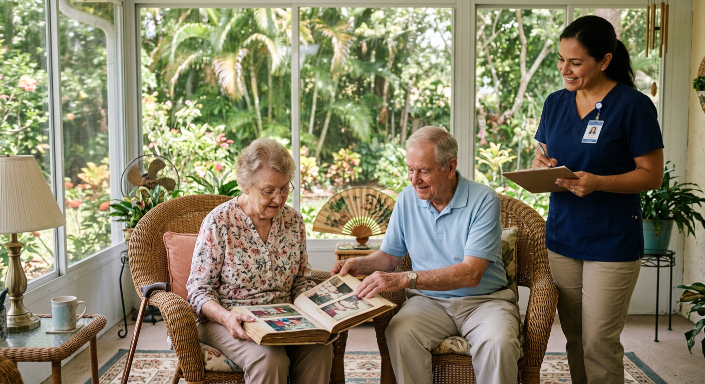 Senior couple receiving compassionate Alzheimer's care support at home in Florida