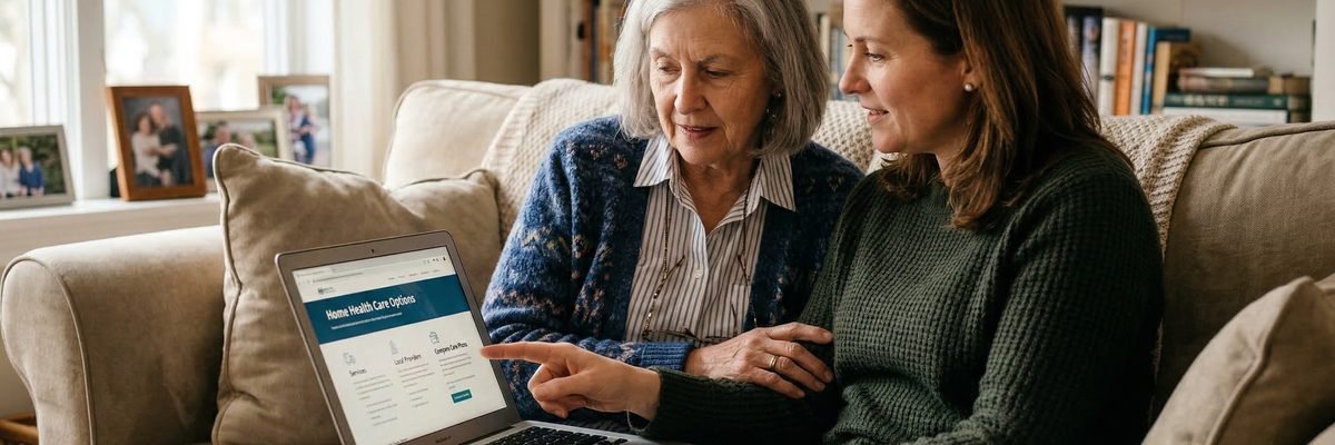 Family researching home health agencies on laptop with quality rating comparison