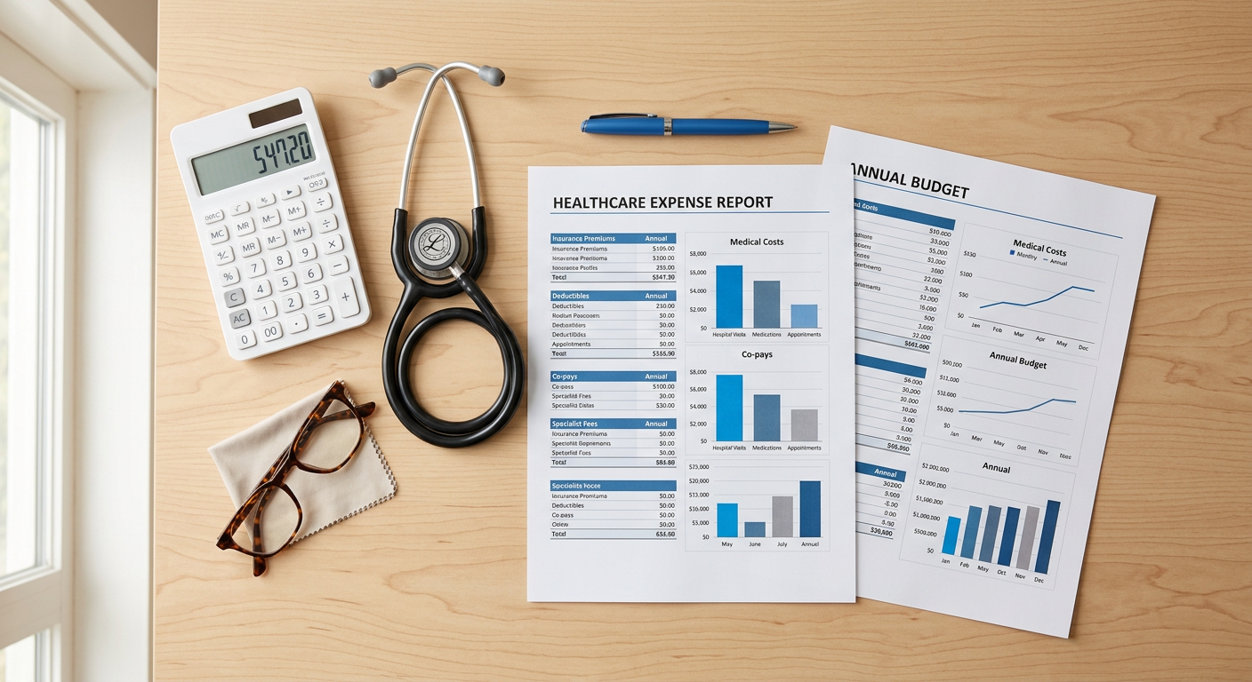 Healthcare cost planning flat lay with calculator stethoscope and documents