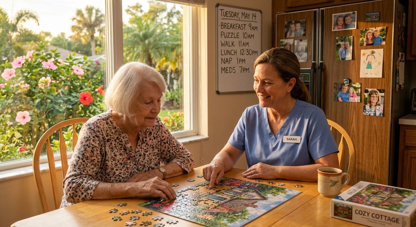 Caregiver providing compassionate support to elderly dementia patient at home in Florida
