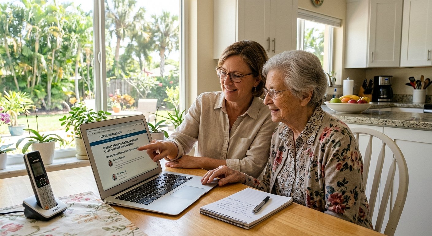Daughter and elderly mother researching home health agencies on laptop in Florida home