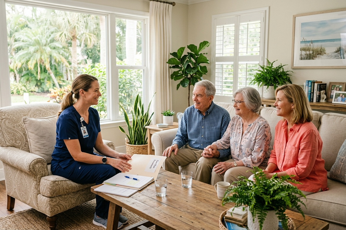 Family having initial consultation with home health nurse at kitchen table