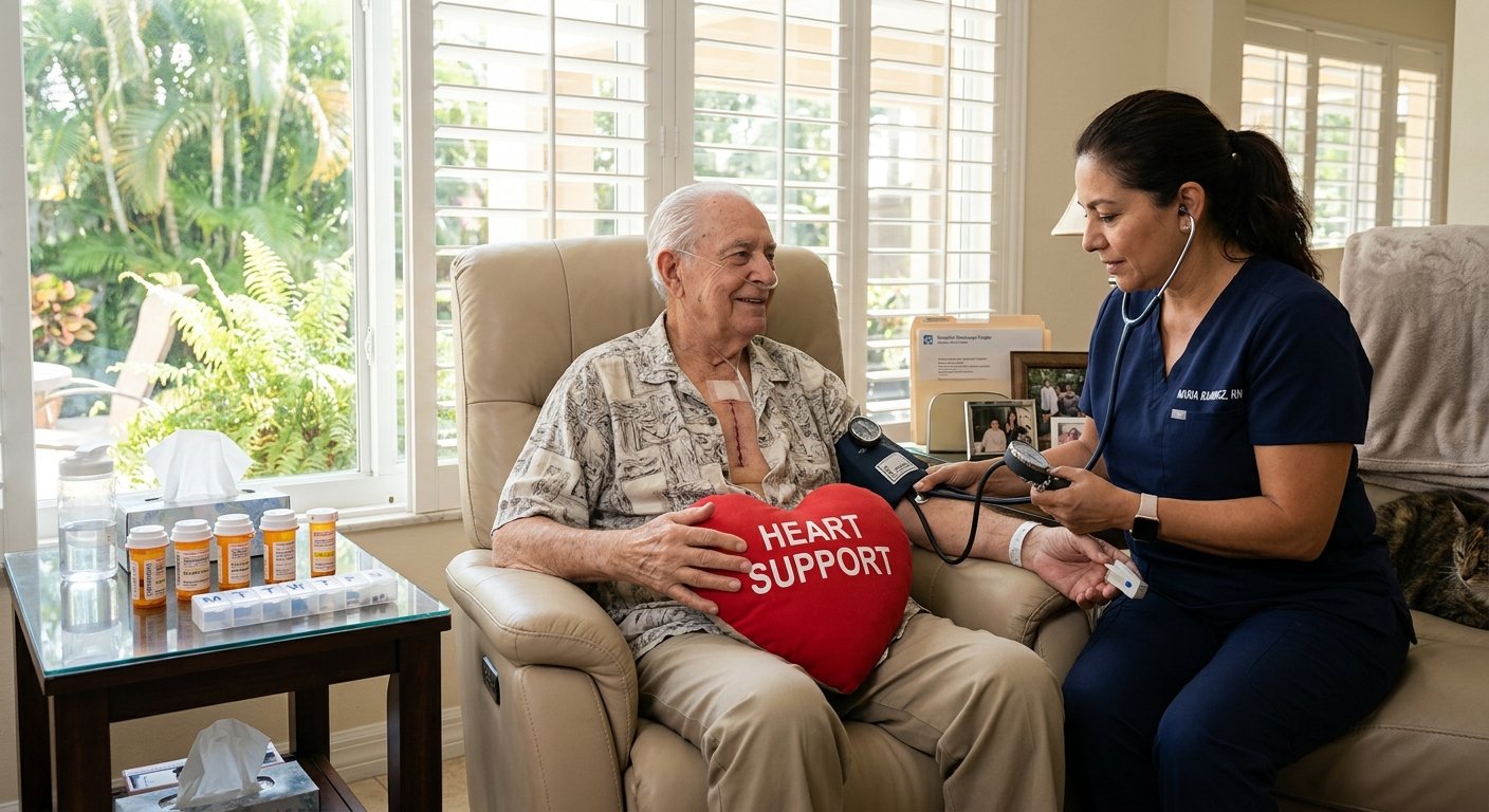 Home health nurse monitoring cardiac patient recovery after open heart surgery