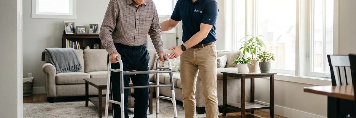 Physical therapist helping patient with hip replacement recovery exercises at home
