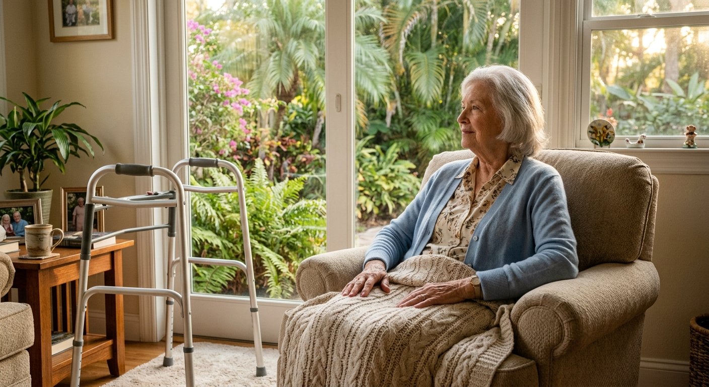Elderly woman sitting peacefully by window in Florida home with walker nearby