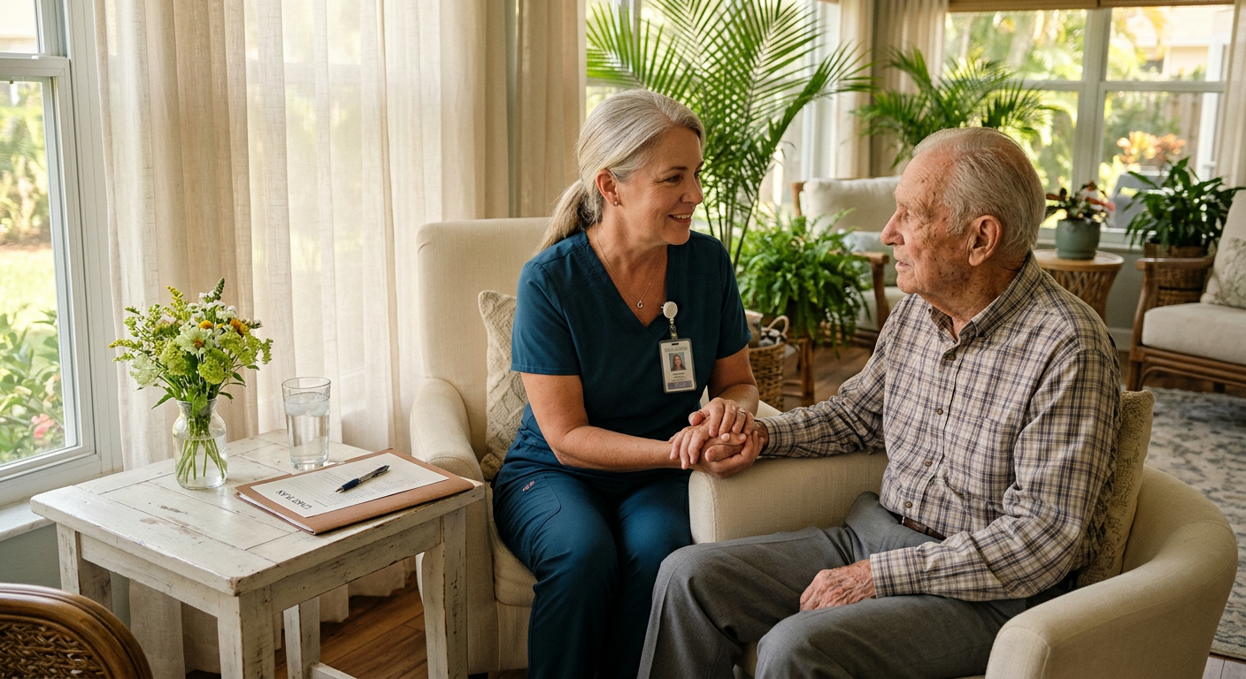 Nurse having a compassionate conversation with elderly patient about care options