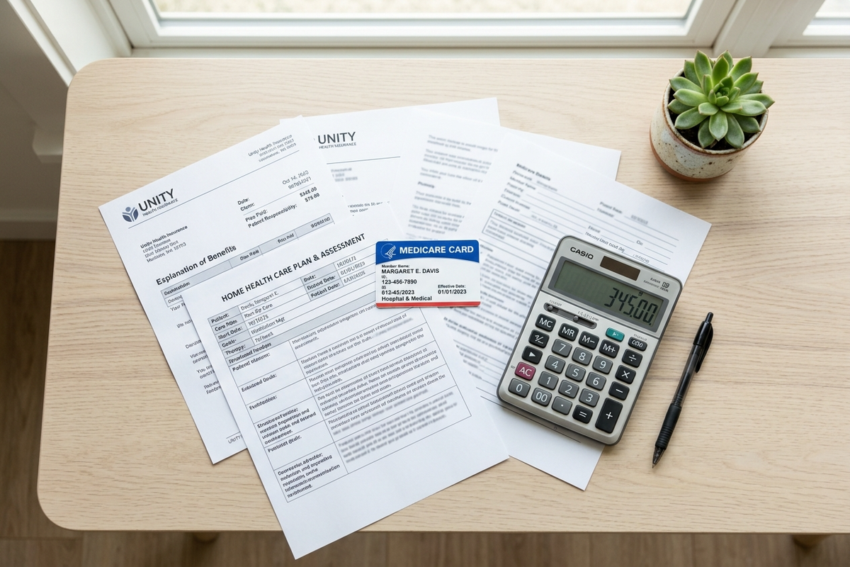 Insurance documents and stethoscope on desk showing home health coverage options