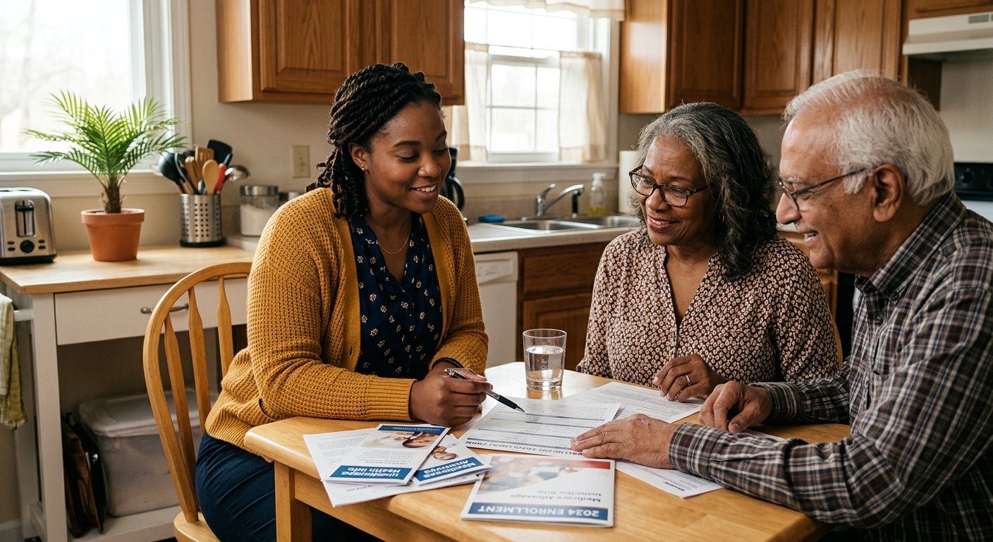 Social worker helping senior couple review Medicaid paperwork at kitchen table