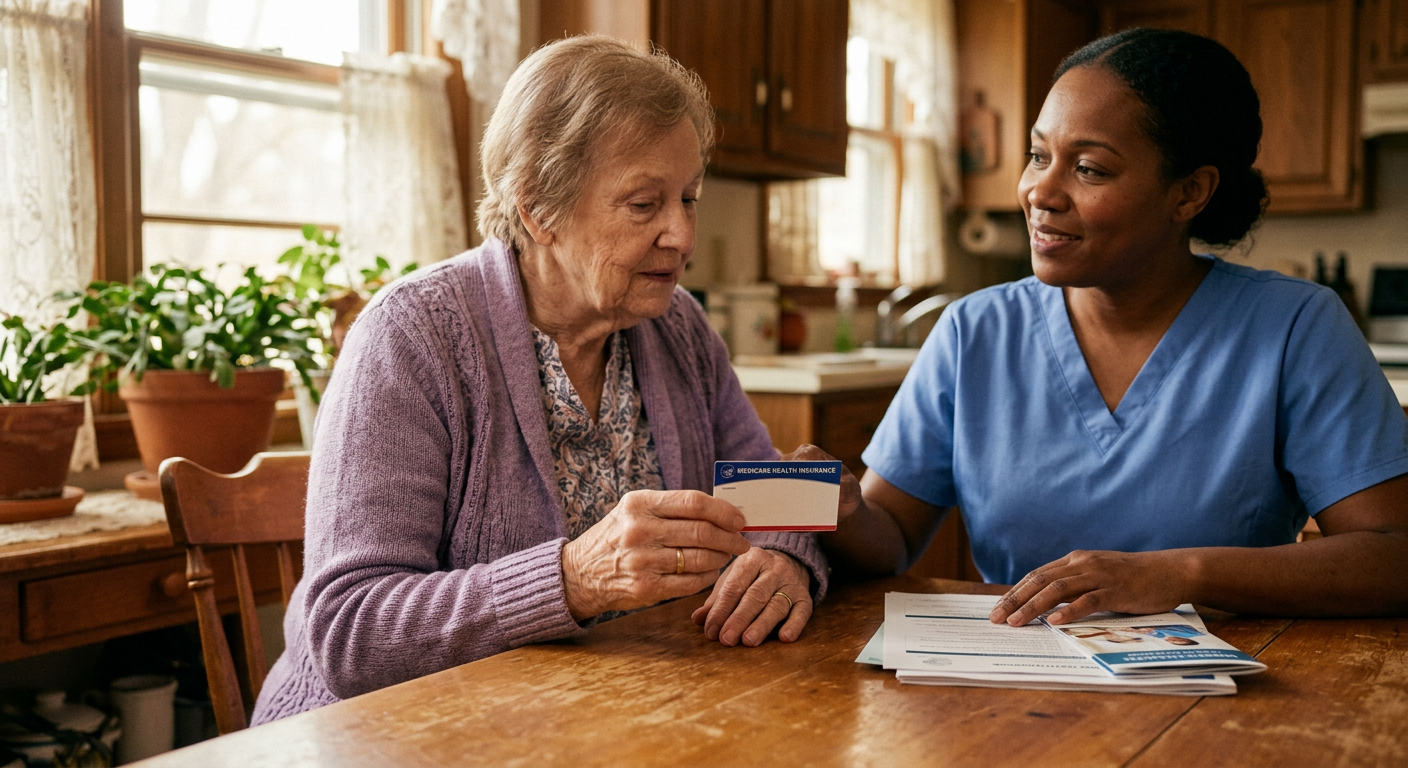 Senior woman reviewing Medicare card with home health nurse at kitchen table