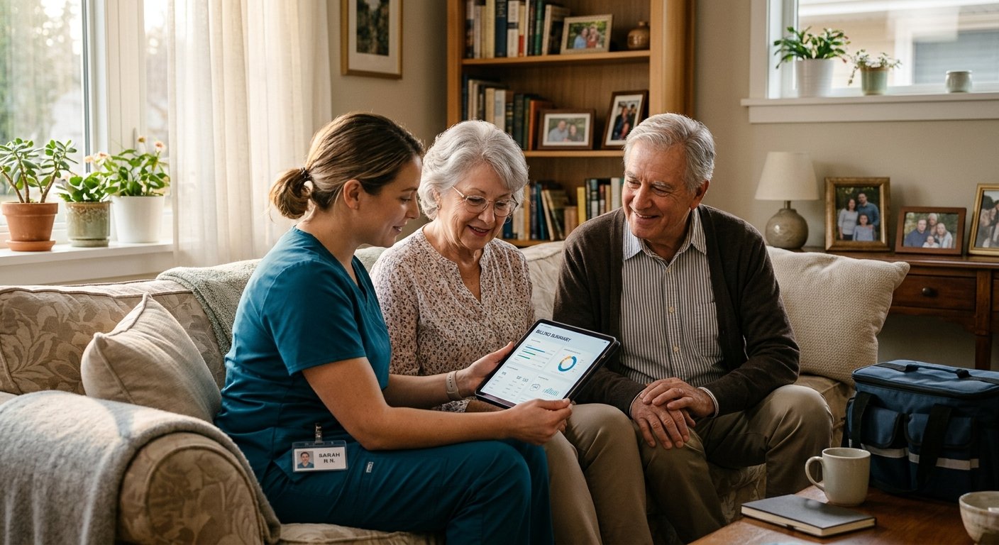 Home health nurse reviewing billing on tablet with elderly couple in living room