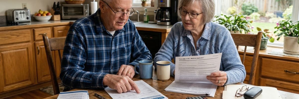 Senior couple reviewing Medicare home health documents at kitchen table