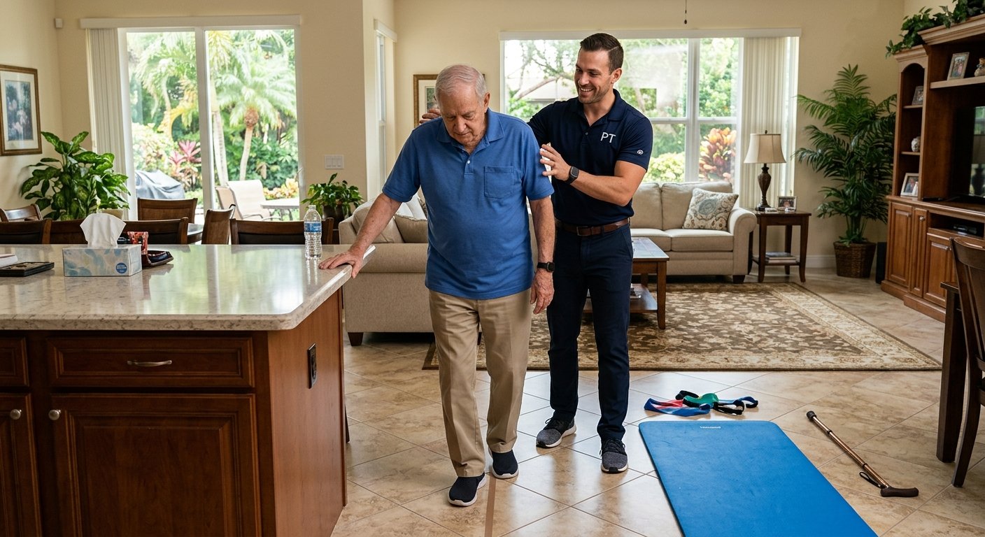 Physical therapist guiding Parkinson's patient through walking exercises at home
