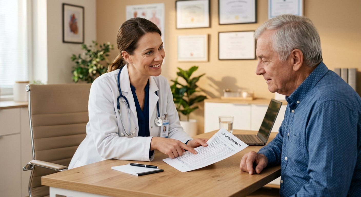 Doctor reviewing Medicare eligibility checklist with senior patient