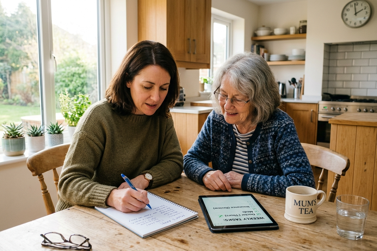 Family reviewing checklist of questions to ask home health agency