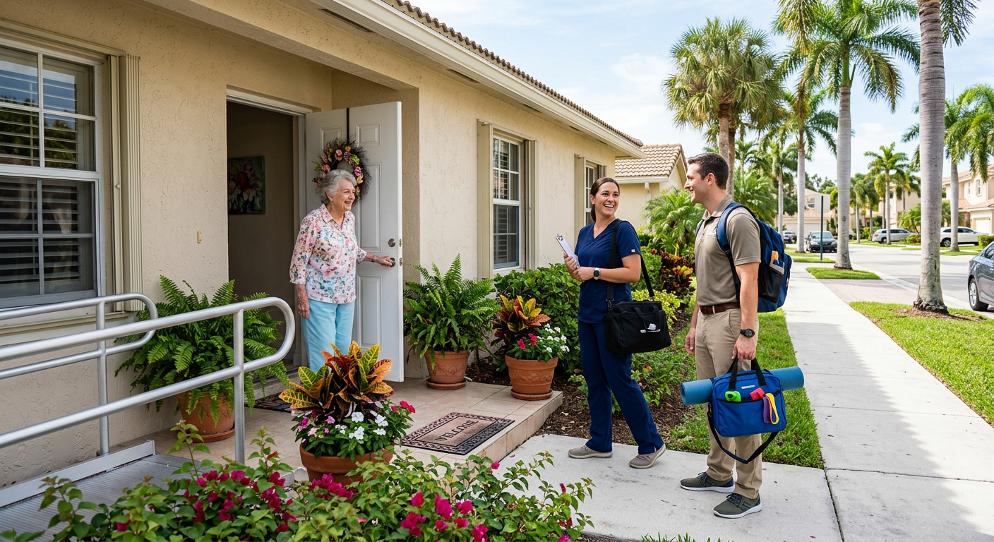 Home health care team arriving at a senior's front door in a Florida neighborhood