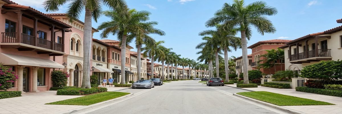Mediterranean-style palm-lined boulevard in Boca Raton, Florida with luxury architecture