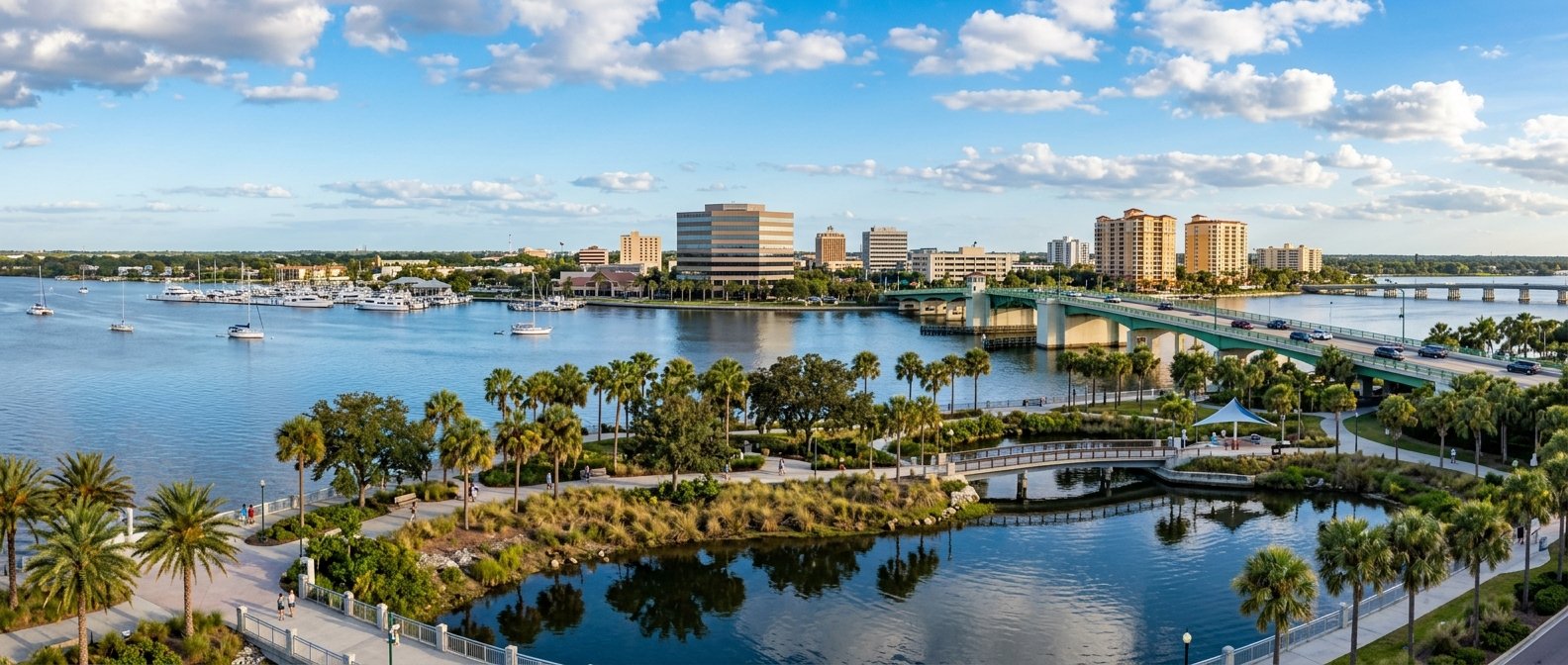 View of the Manatee River waterfront and downtown Bradenton, Florida