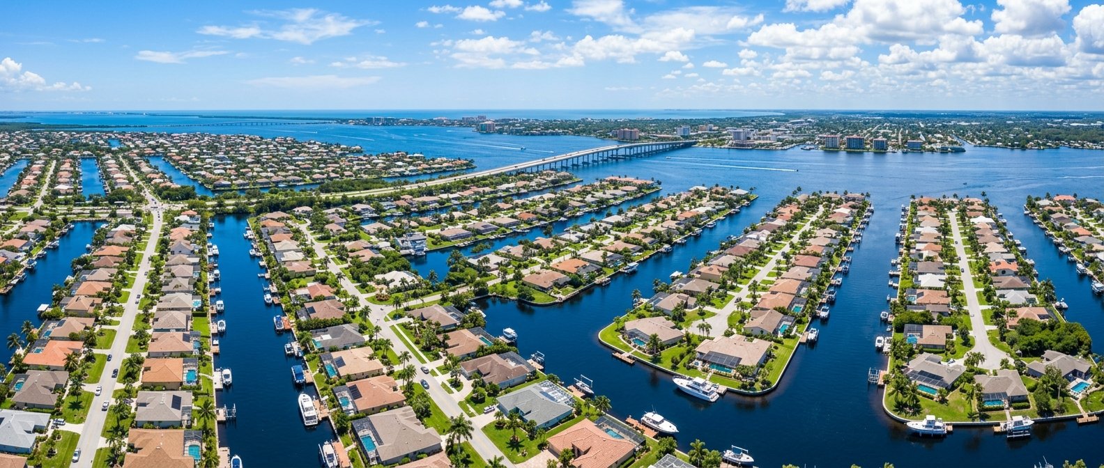 Aerial view of Cape Coral, Florida canal system and waterfront homes