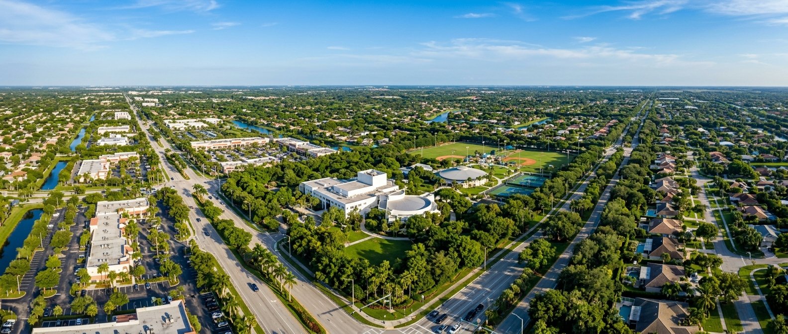 Aerial view of Coral Springs, Florida tree-lined boulevards