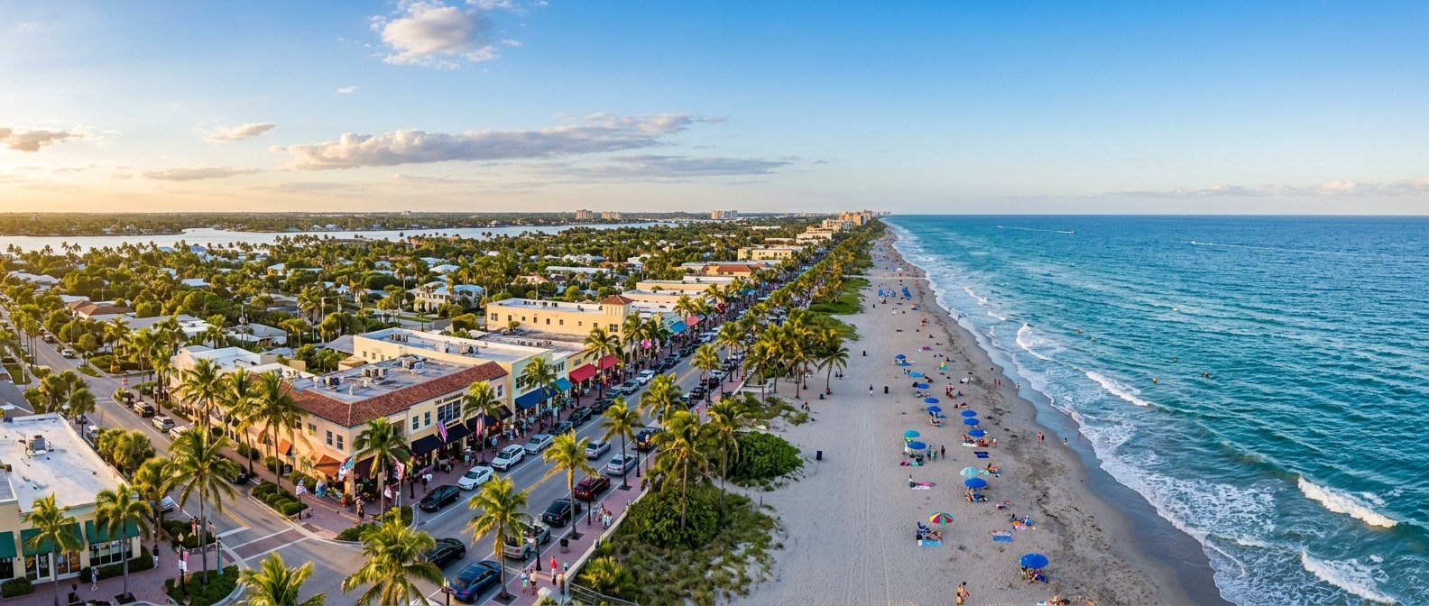 Aerial view of Atlantic Avenue and beach in Delray Beach, Florida