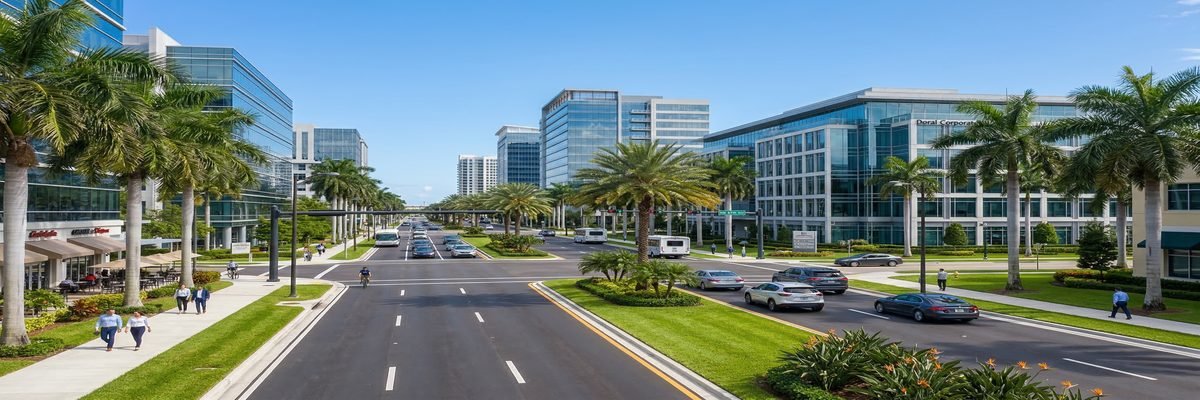 Modern commercial boulevard in Doral, Florida with glass office buildings and palm trees