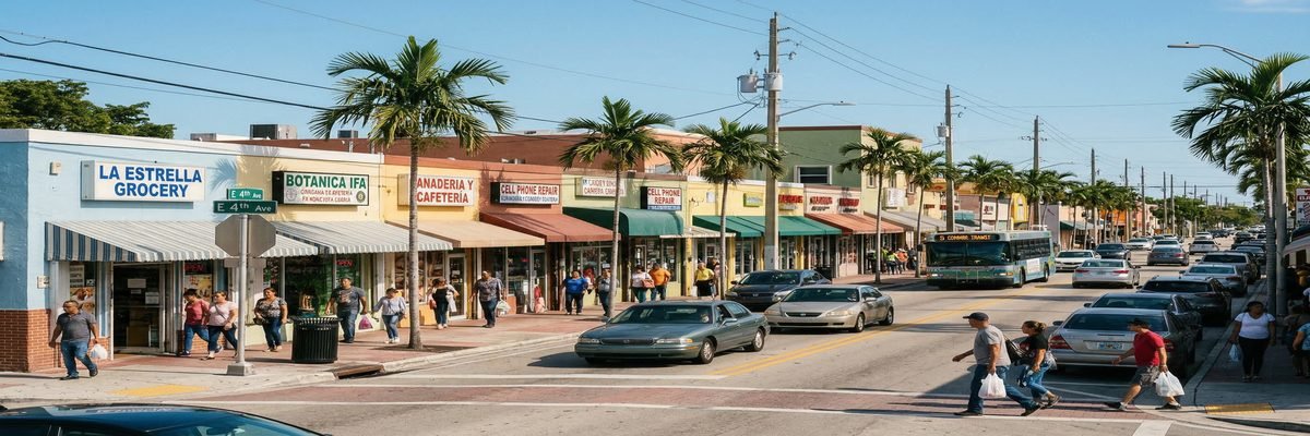 Vibrant commercial street in Hialeah, Florida with colorful storefronts and palm trees