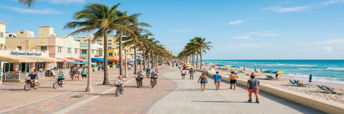 Hollywood Beach Broadwalk in Florida with cyclists, pedestrians, and palm trees along the ocean