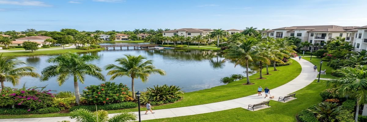 Peaceful lakefront community in Miami Lakes, Florida with walking paths and palm trees