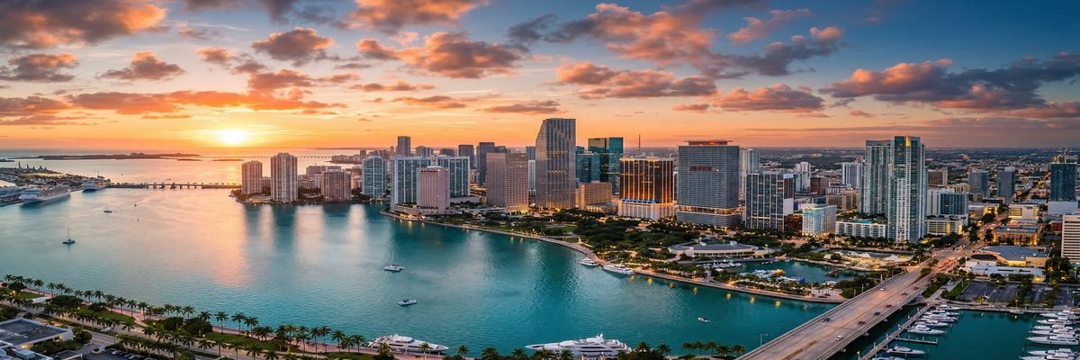 Aerial view of the Miami, Florida skyline at golden hour with Biscayne Bay and palm trees