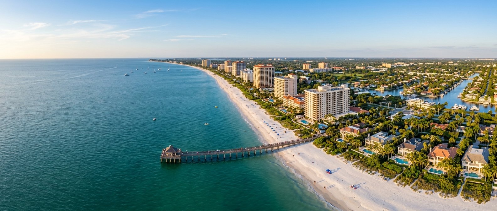 Aerial view of Naples Pier and Gulf of Mexico beach in Naples, Florida