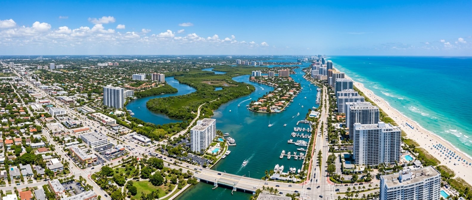 Aerial view of North Miami Beach, Florida coastline and Intracoastal Waterway