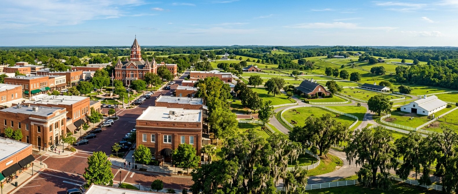 View of historic downtown Ocala, Florida with horse country in the background