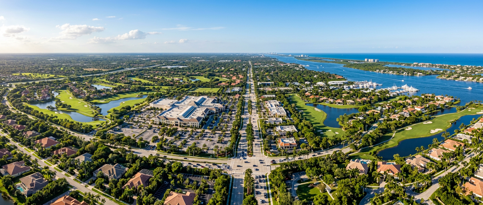 Aerial view of Palm Beach Gardens, Florida golf courses and communities