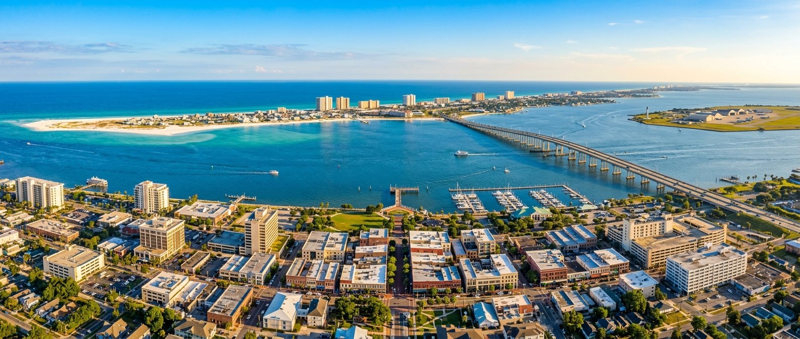 Aerial view of Pensacola Bay and downtown Pensacola, Florida