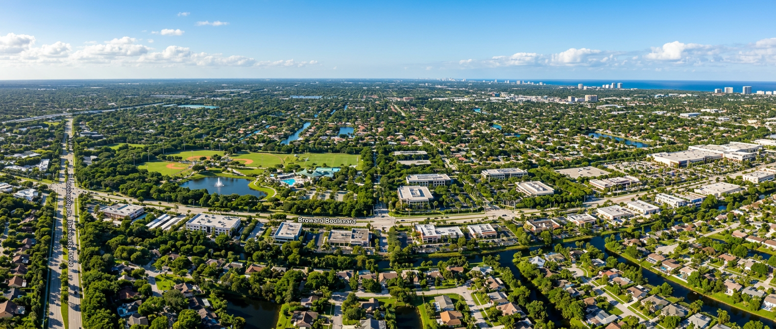 Aerial view of Plantation, Florida suburban landscape in Broward County