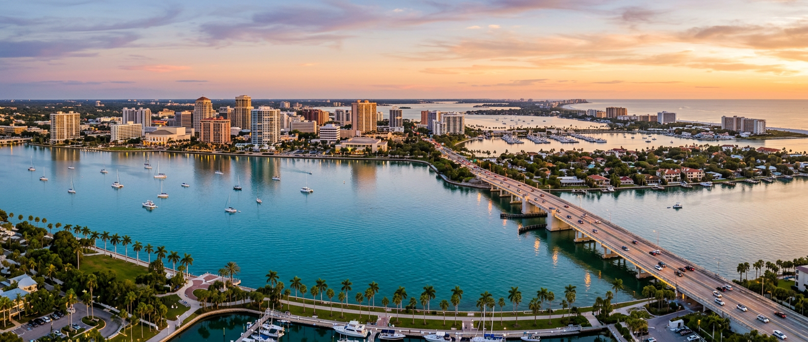 Aerial view of Sarasota, Florida skyline across Sarasota Bay at golden hour