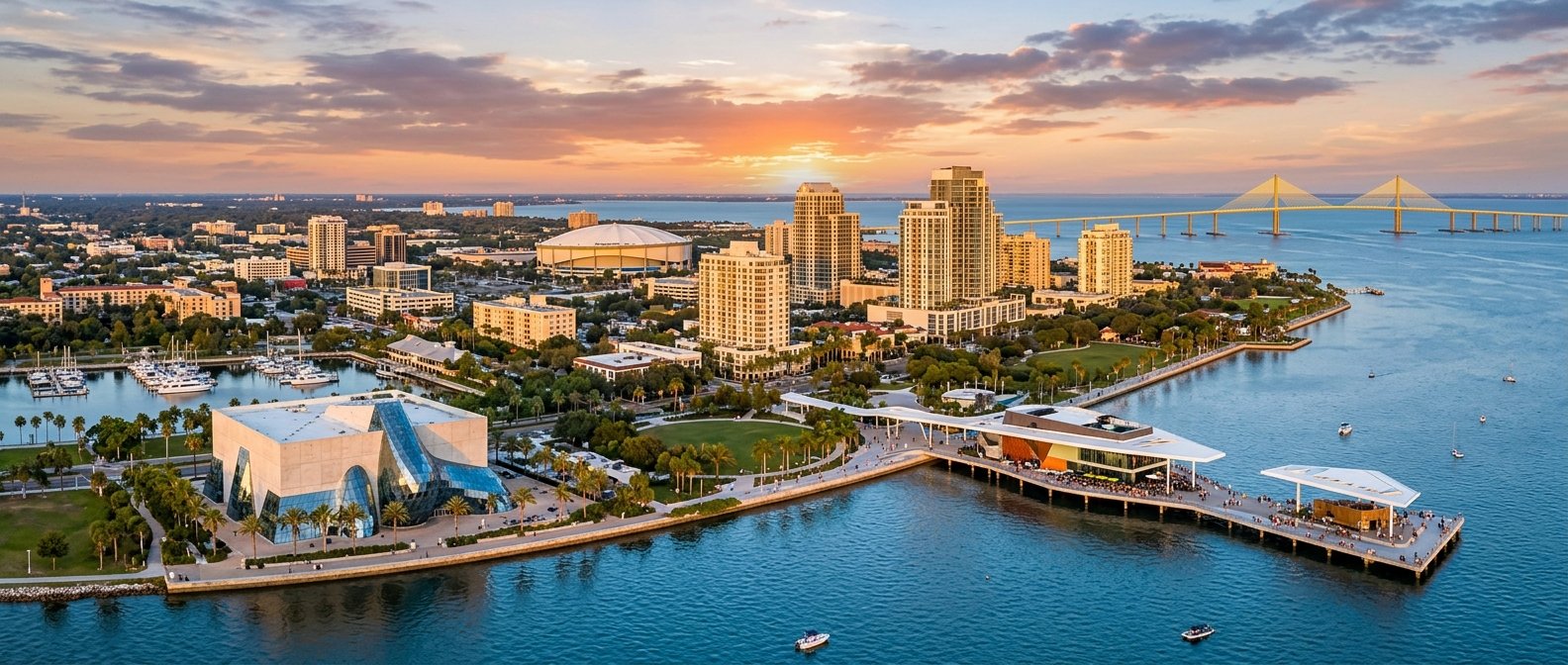 Aerial view of St. Petersburg, Florida skyline across Tampa Bay at golden hour