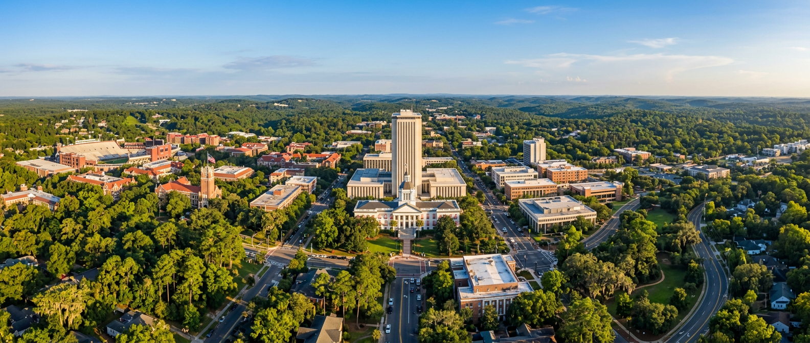 Aerial view of the Florida State Capitol and Tallahassee, Florida
