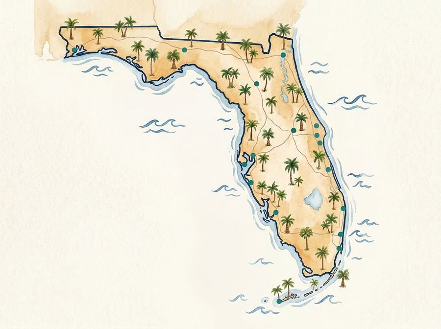 Watercolor illustrated map of Florida showing home health agency locations across 111 cities with teal markers and palm trees