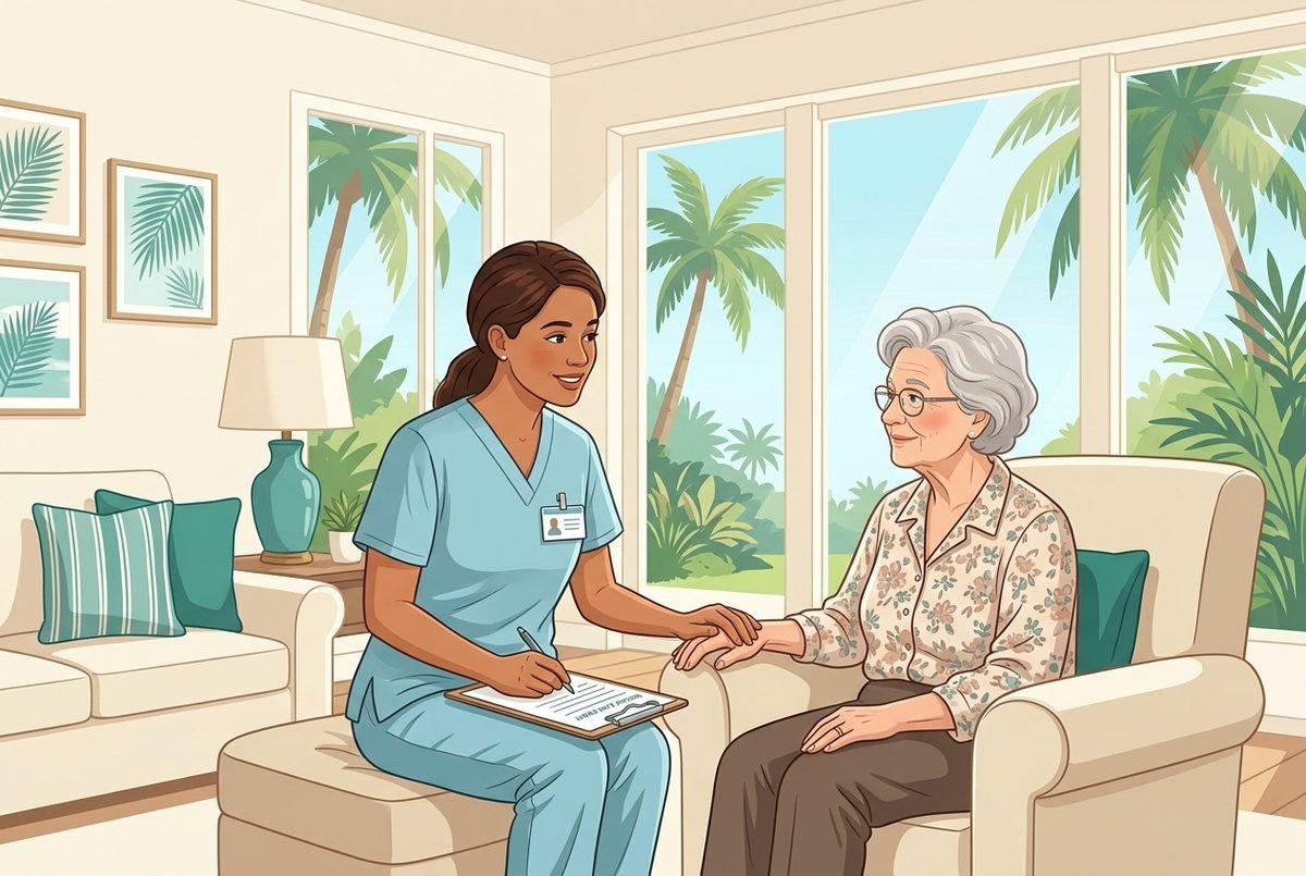 Illustration of a home health nurse visiting an elderly patient in a warm Florida living room