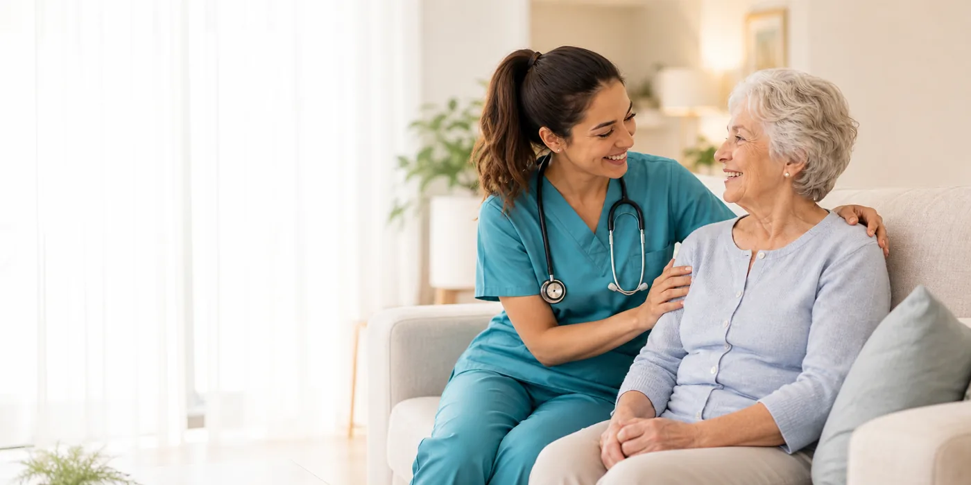 Nurse sitting with an older Florida home health patient