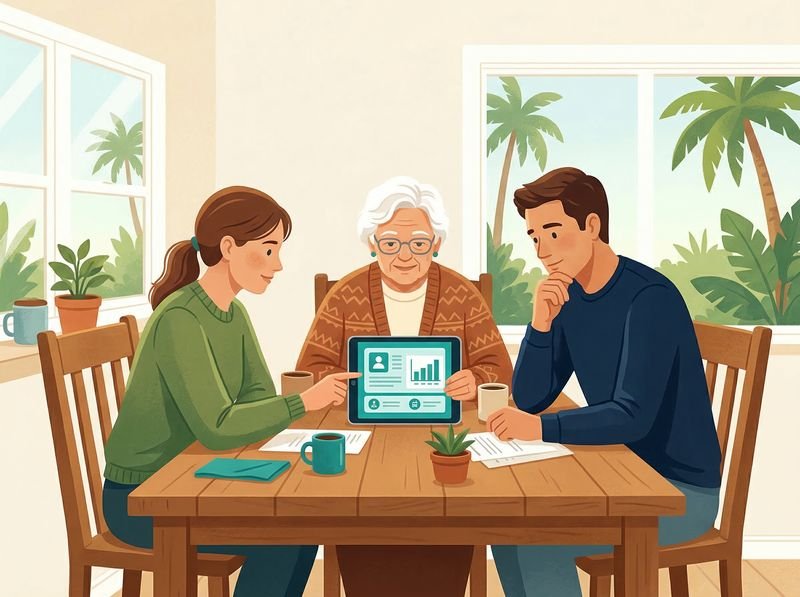 Florida family gathered around kitchen table researching home health care options on a tablet with palm trees visible through windows