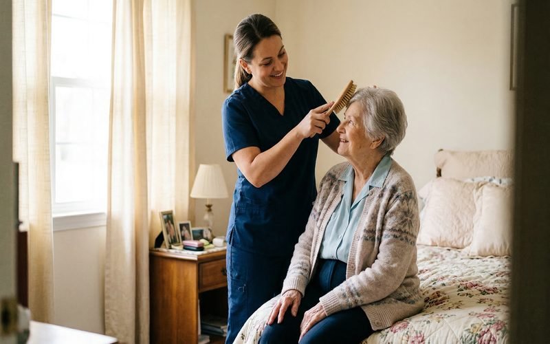 Home health aide gently brushing the hair of an elderly woman in a bright bedroom