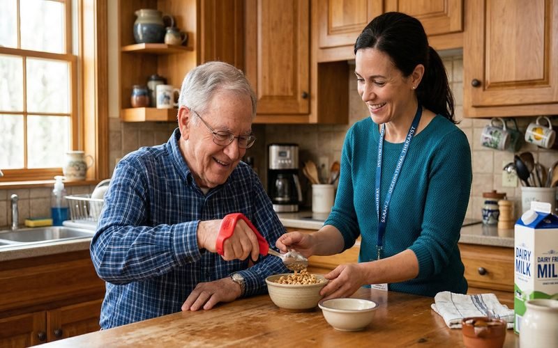 Occupational therapist guiding an elderly patient through kitchen activities during a home health visit