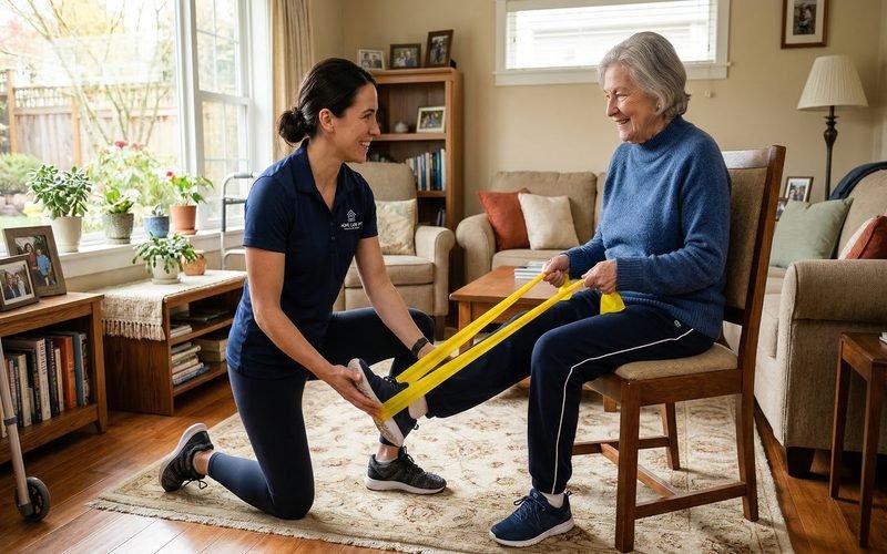 Physical therapist helping a senior patient with resistance band exercises during a home health therapy session